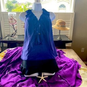 Two piece swim suit, purple top (14D)with black ruffled skirt (Lg)
